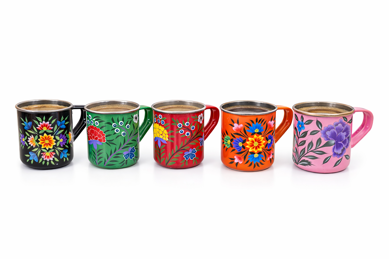 Stainless steel mugs,Enamelware mug,set of 5,hand painted steel mugs ,steel mugs floral paint,hand painted coffee mugs ,Enamel Ware utensils